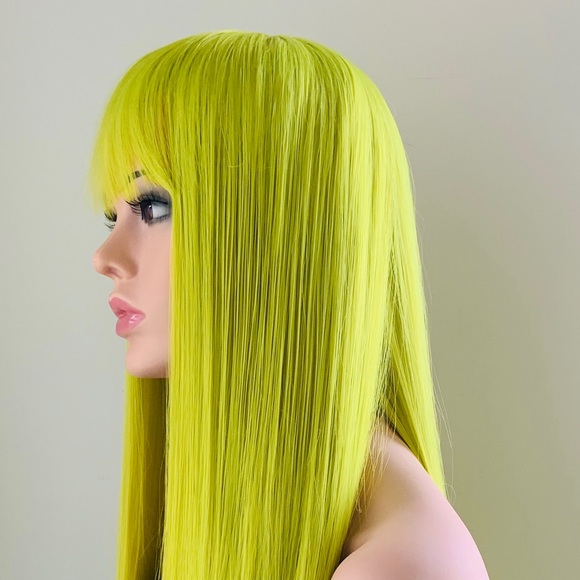 30” Long Straight Green Lemon Premium Fiber Wig with Bangs for Daily Wear/Events - Picture 4 of 11